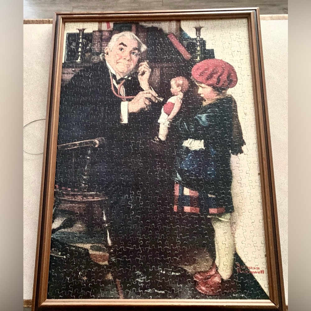 Vintage Framed Norman Rockwell Doctor and the Doll Puzzle Art Print